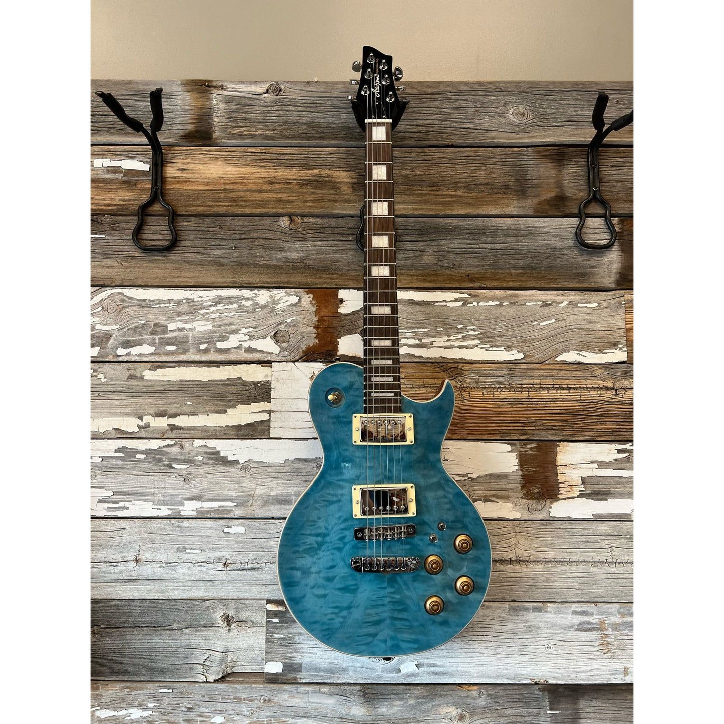 LIKE NEW Aria Pro II PE-480 Quilted Maple Top Electric Guitar, See Thru Emerald Blue