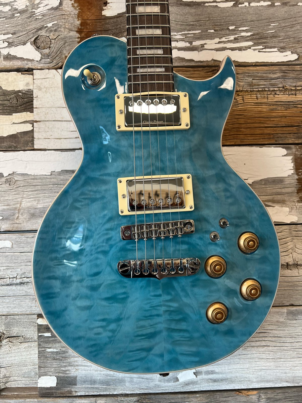 LIKE NEW Aria Pro II PE-480 Quilted Maple Top Electric Guitar, See Thru Emerald Blue