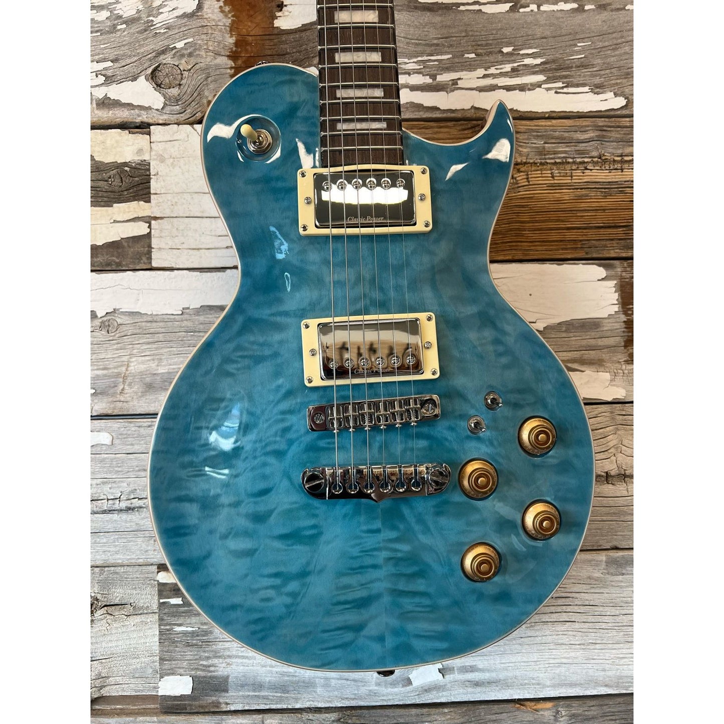LIKE NEW Aria Pro II PE-480 Quilted Maple Top Electric Guitar, See Thru Emerald Blue