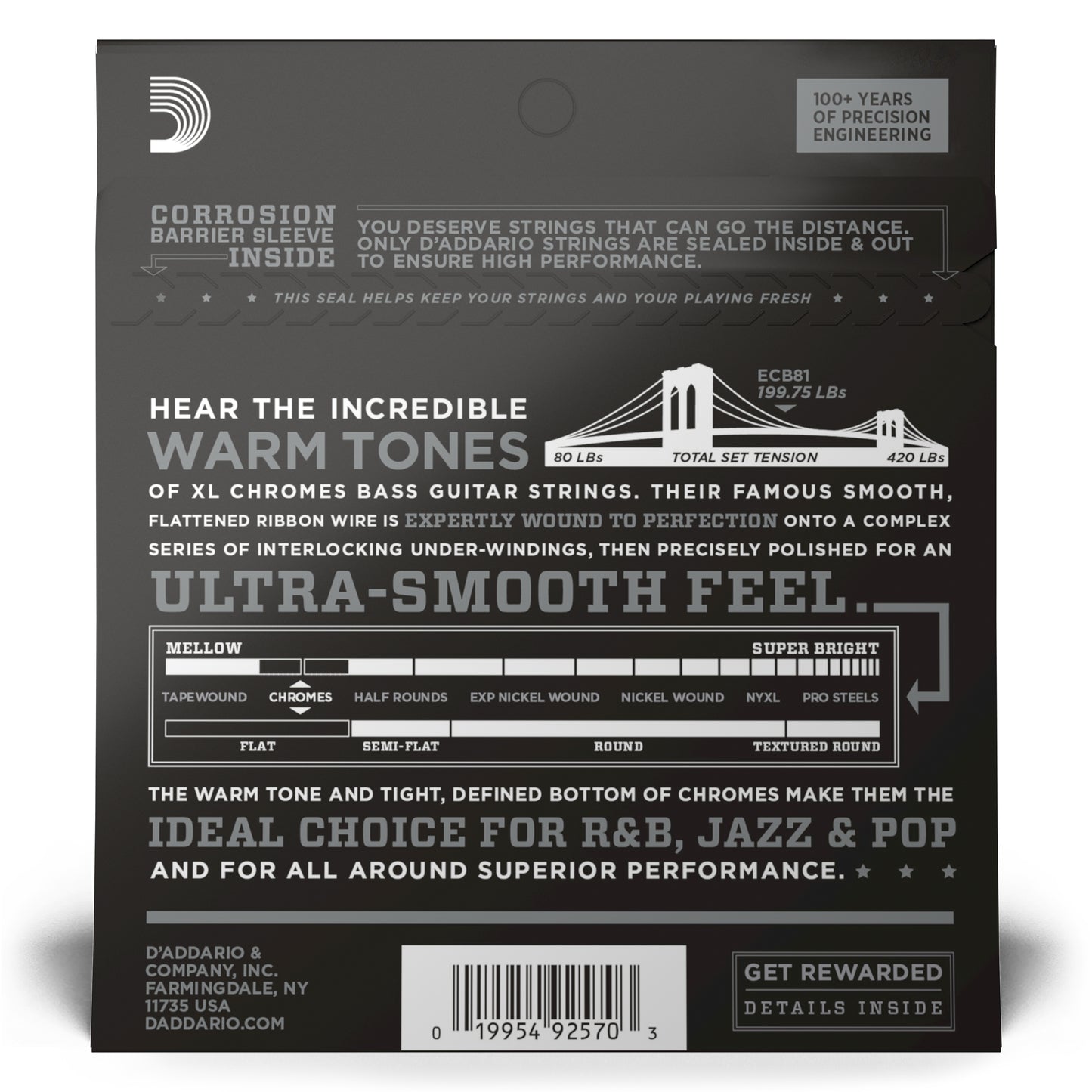 D'Addario ECB81 Chromes Bass Guitar Strings, Light, 45-100, Long Scale