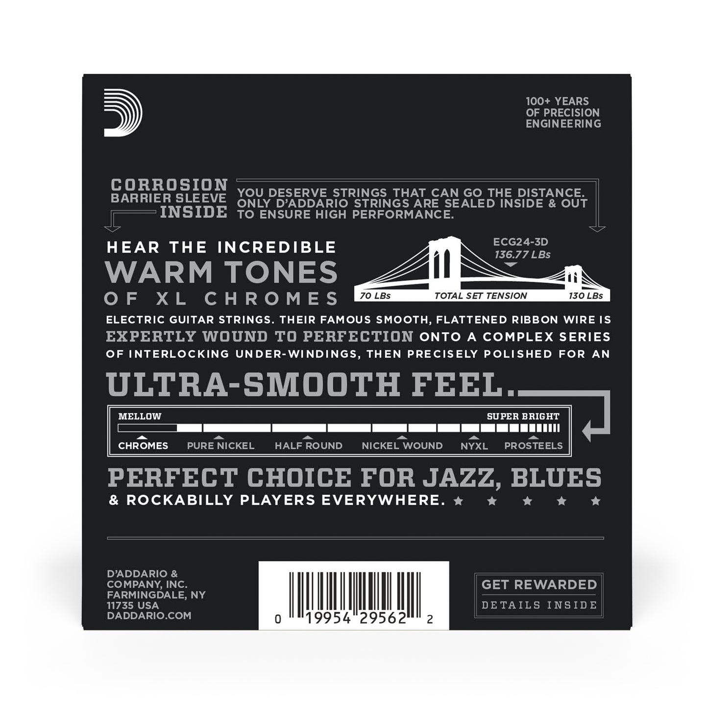 D'Addario ECG24-3D Chromes Flat Wound Electric Guitar Strings, Jazz Light, 11-50...