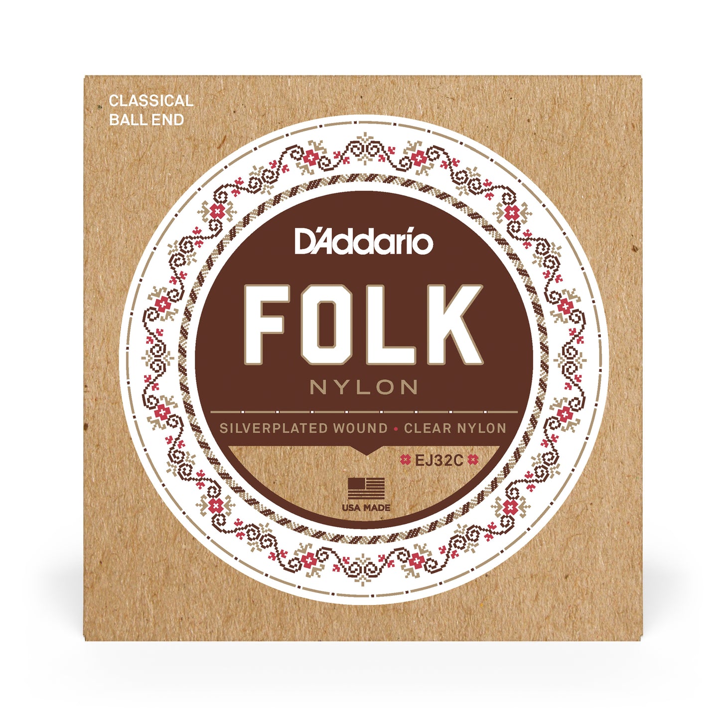 D'Addario EJ32C Folk Nylon Guitar Strings, Ball End, Silver Wound/Clear Nylon Tr...