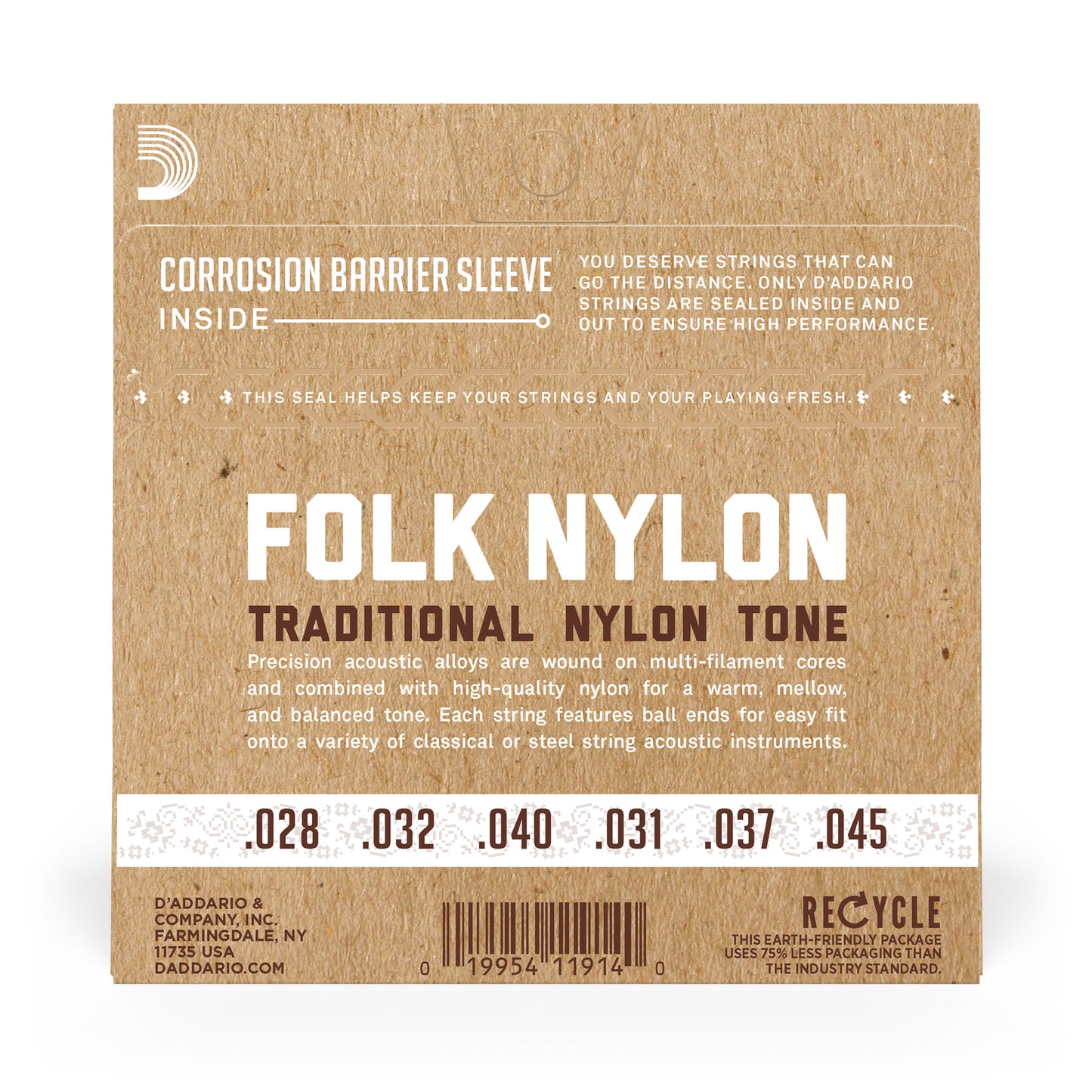 D'Addario EJ32 Folk Nylon Guitar Strings, Ball End, Silver Wound/Black Nylon Tre...