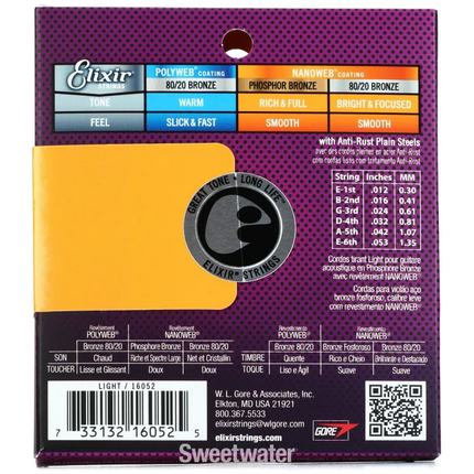 Elixir Phosphor Bronze Nanoweb Coated Acoustic Guitar Strings Light (12 - 53)