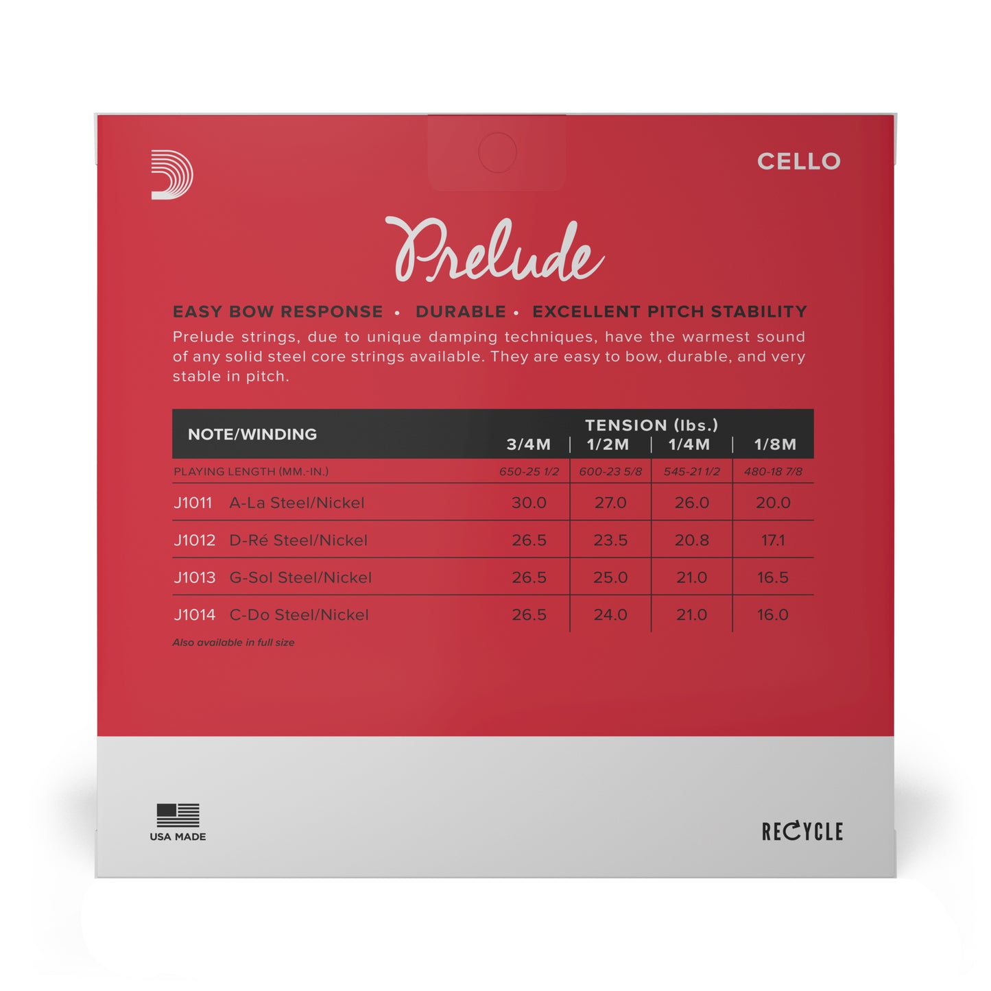 D'Addario Prelude Cello String Set, 3/4 Scale, Medium Tension