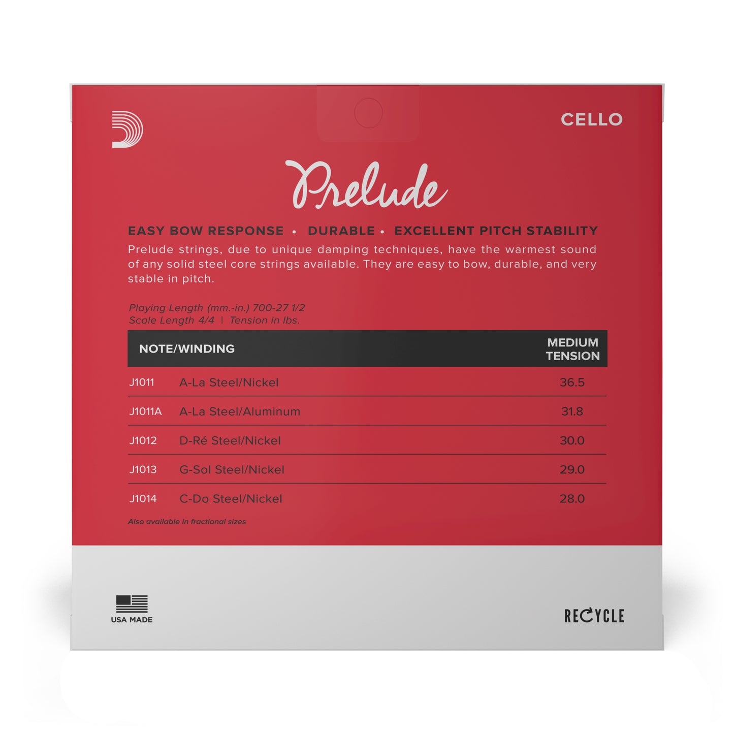 D'Addario Prelude Cello String Set, 4/4 Scale, Medium Tension