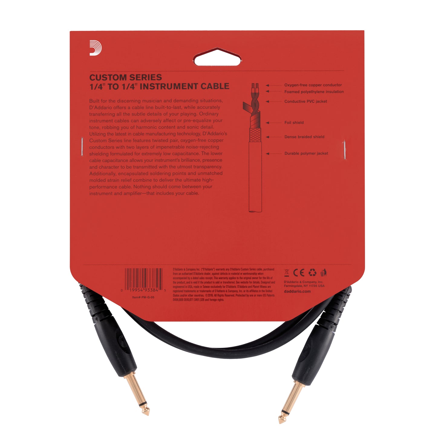 D'Addario Custom Series Instrument Cable, 5 feet