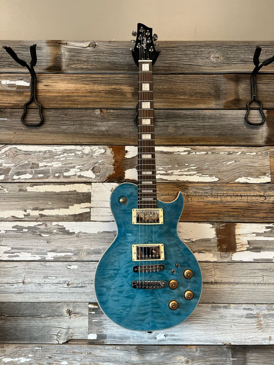 LIKE NEW Aria Pro II PE-480 Quilted Maple Top Electric Guitar, See Thru Emerald Blue