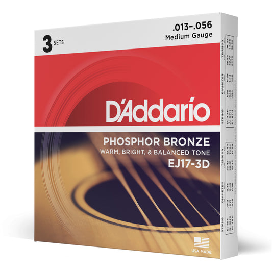 D'Addario EJ17-3D Phosphor Bronze Acoustic Guitar Strings, Medium, 13-56, 3 Sets