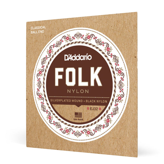 D'Addario EJ32 Folk Nylon Guitar Strings, Ball End, Silver Wound/Black Nylon Tre...