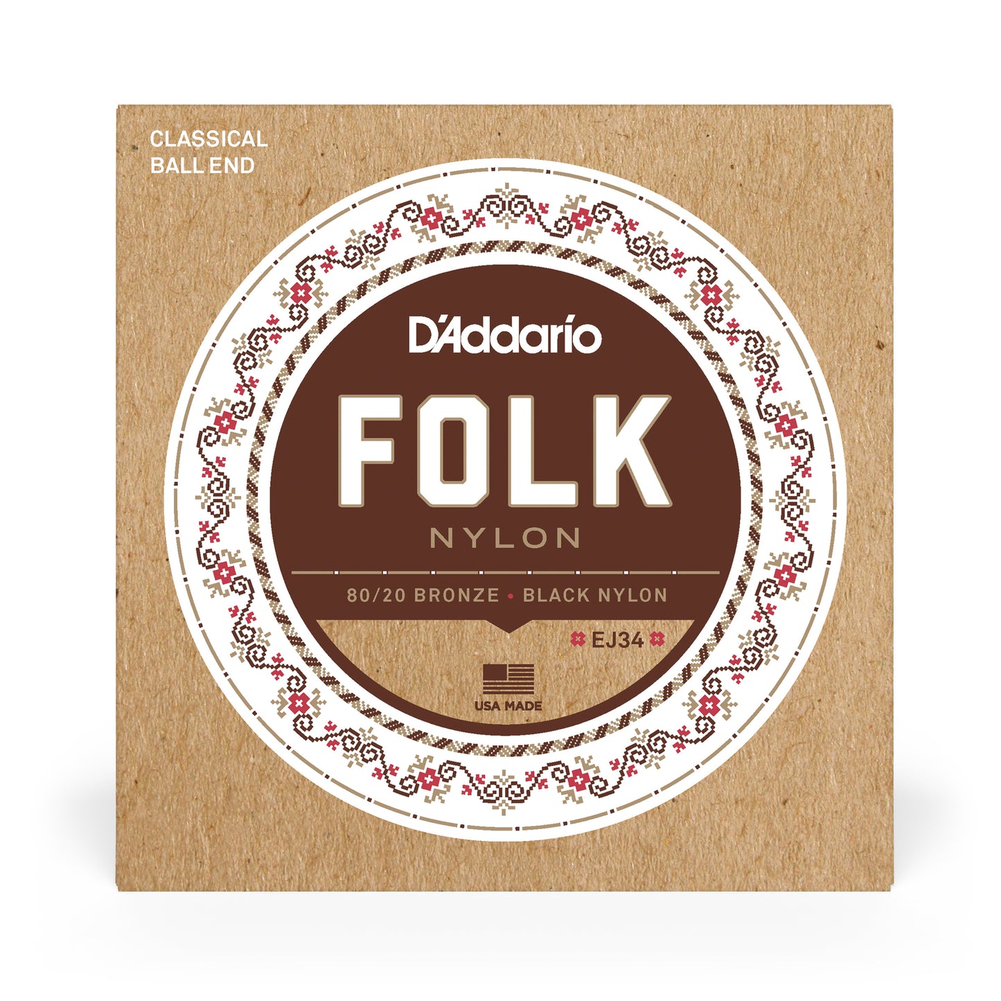 D'Addario EJ34 Folk Nylon Guitar Strings, Ball End, 80/20 Bronze/Black Nylon Tre...
