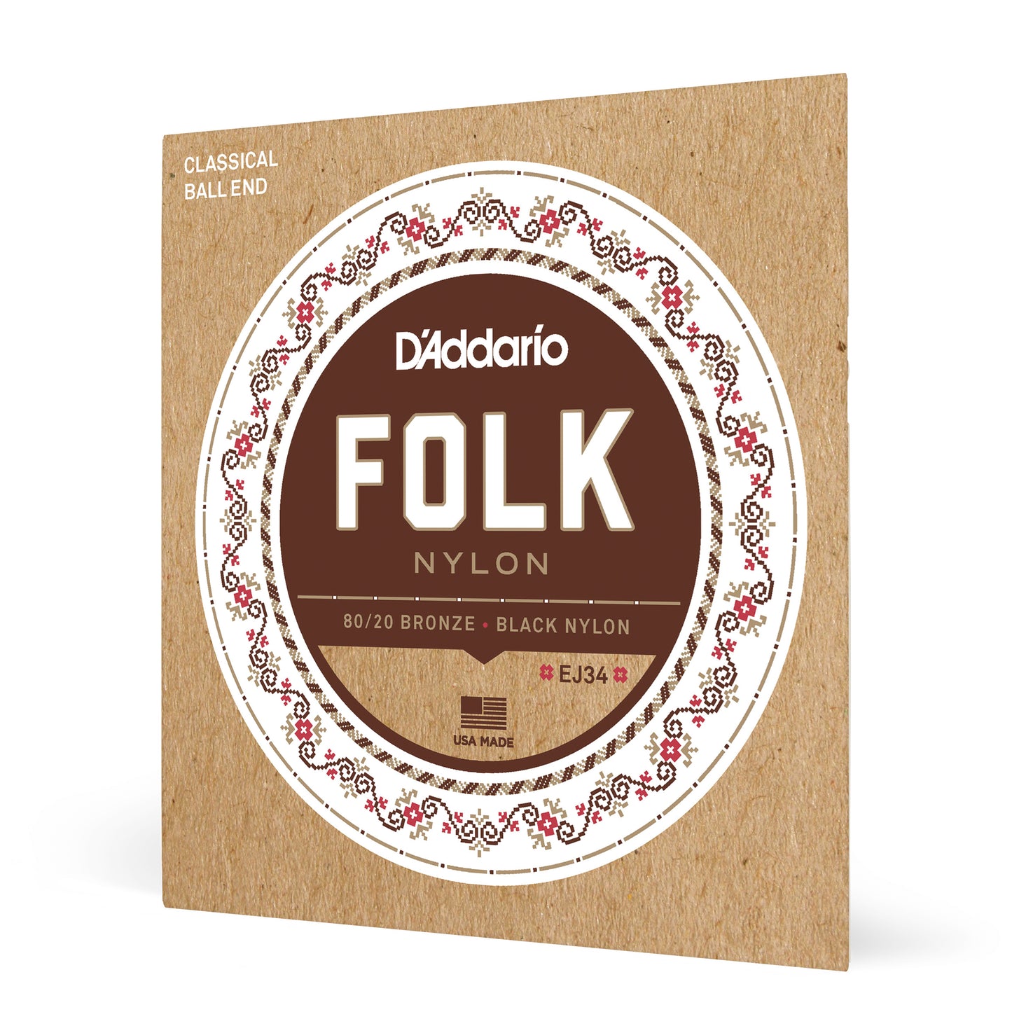 D'Addario EJ34 Folk Nylon Guitar Strings, Ball End, 80/20 Bronze/Black Nylon Tre...