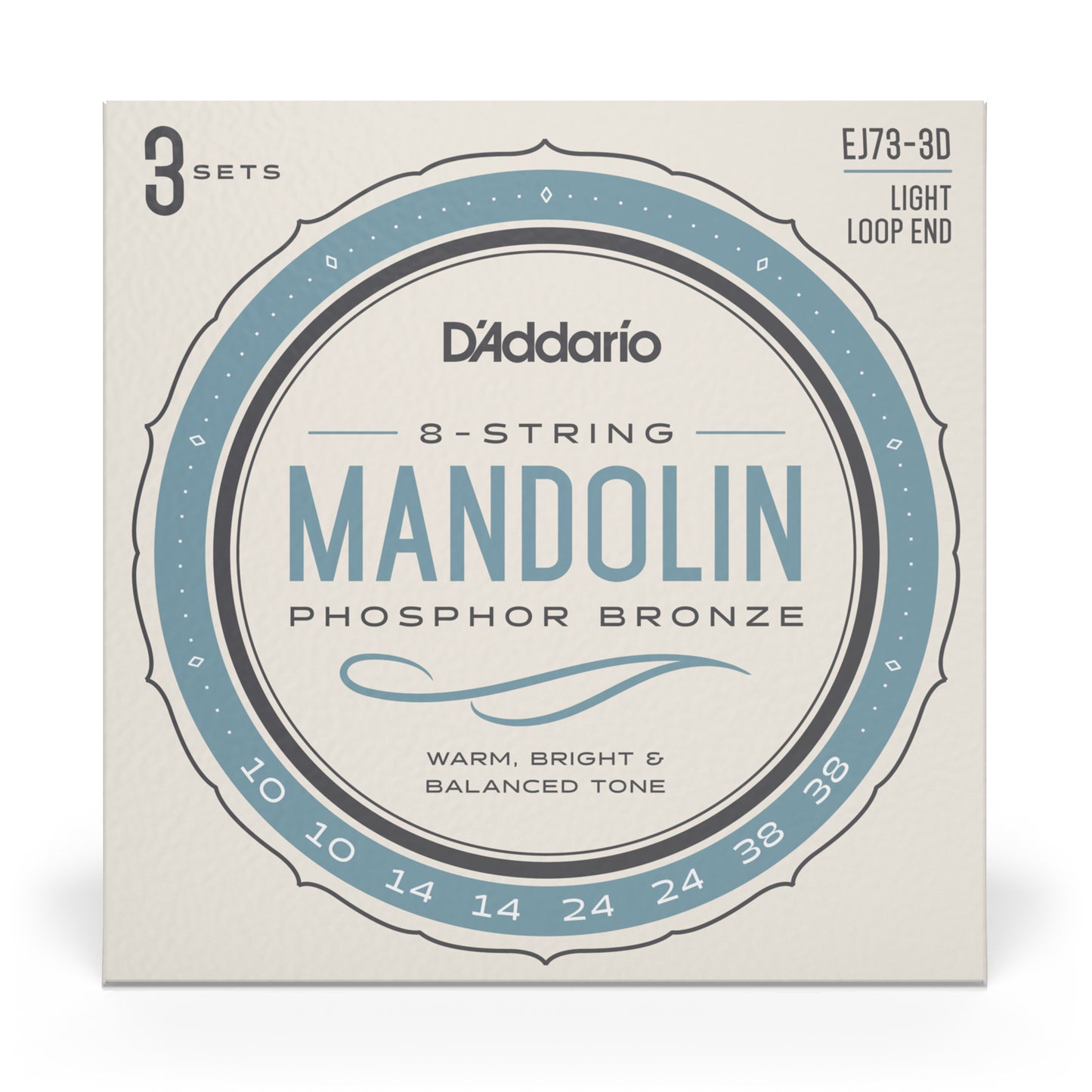 D'Addario EJ73 Mandolin Strings, Phosphor Bronze, Light, 10-38, 3 Sets