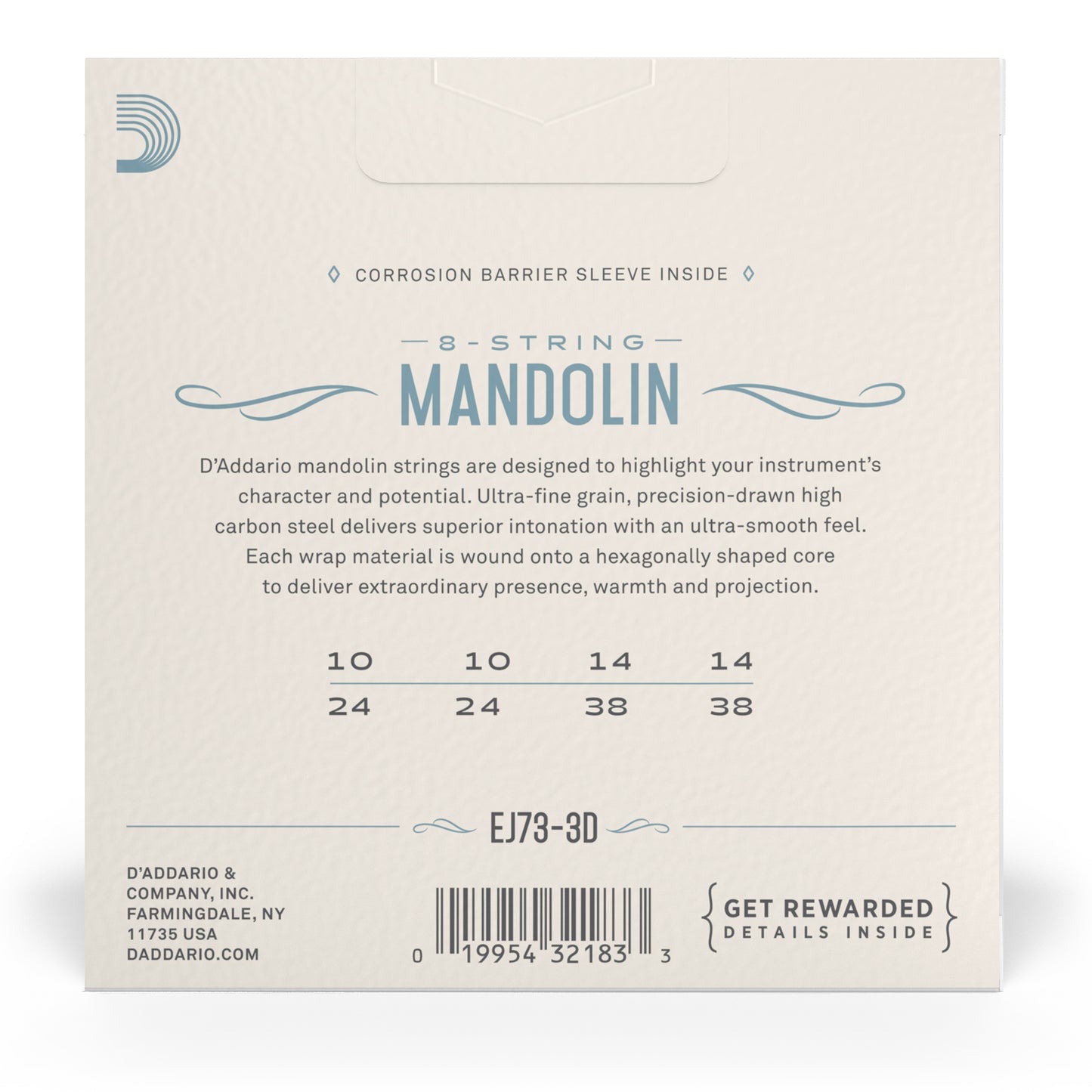 D'Addario EJ73 Mandolin Strings, Phosphor Bronze, Light, 10-38, 3 Sets