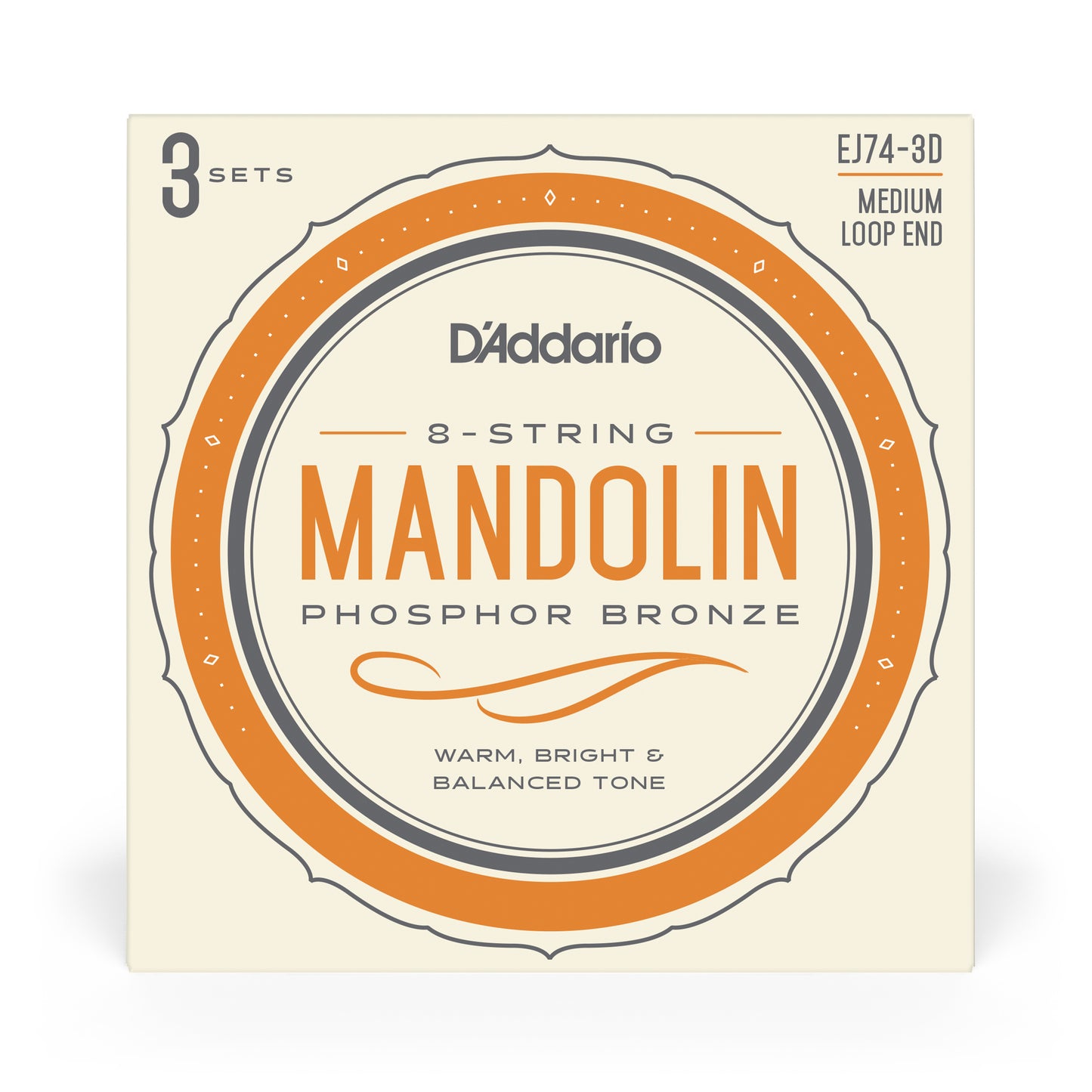 D'Addario EJ74-3D Mandolin Strings, Phosphor Bronze, Medium, 11-40, 3 Pack