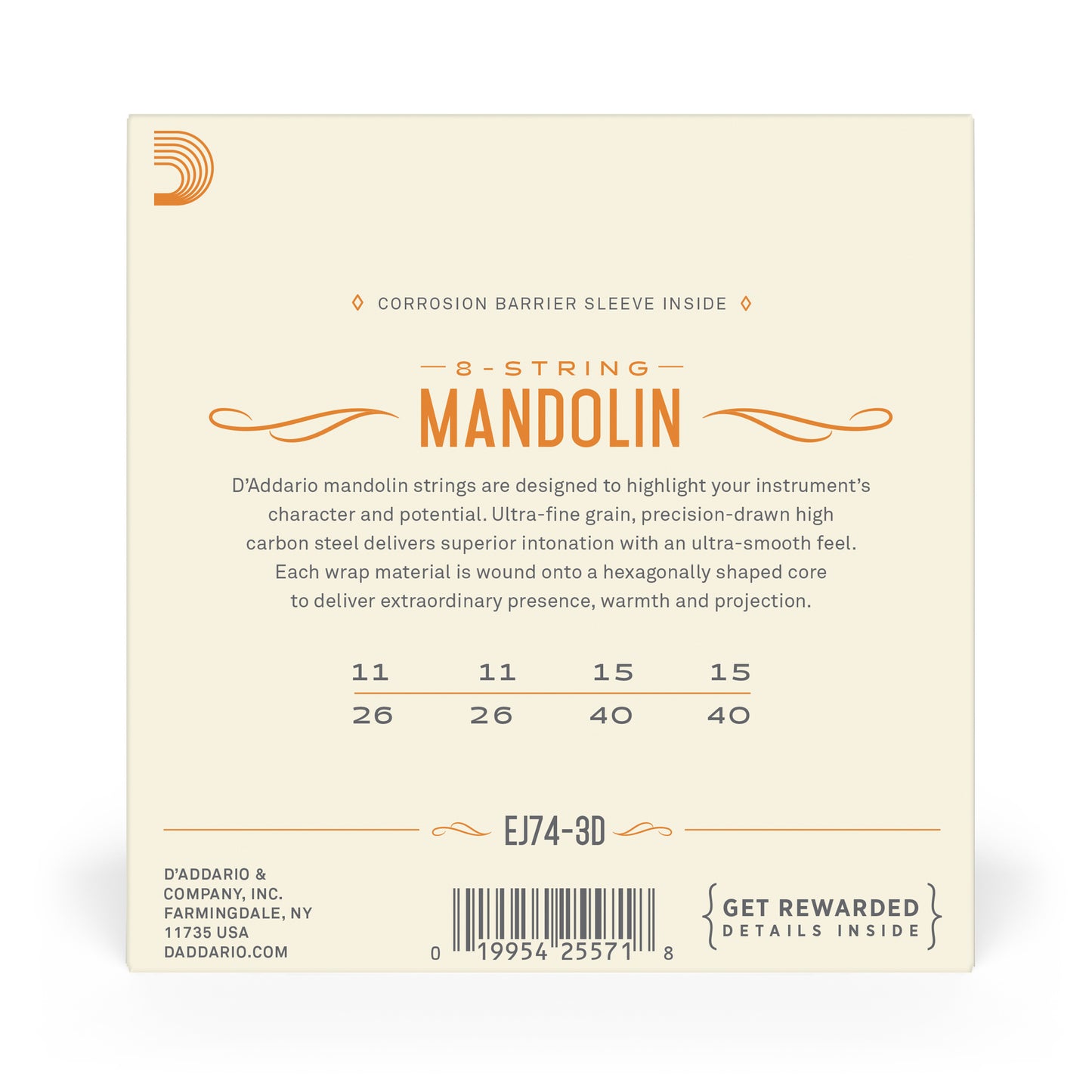 D'Addario EJ74-3D Mandolin Strings, Phosphor Bronze, Medium, 11-40, 3 Pack