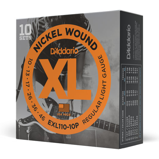 D'Addario EXL110-10P Nickel Wound Electric Guitar Strings, Regular Light, 10-46,...