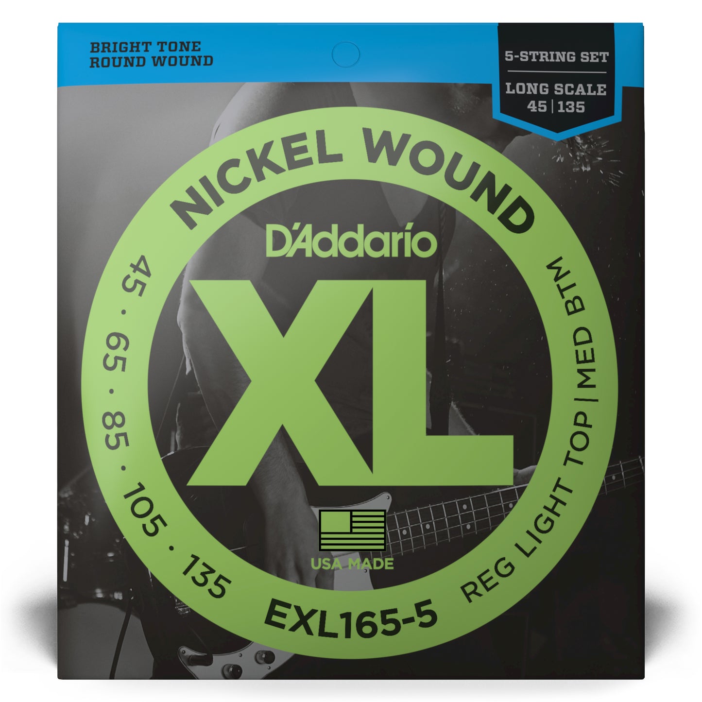 D'Addario EXL165 5-String Nickel Wound Bass Guitar Strings, Custom Light, 45-135...