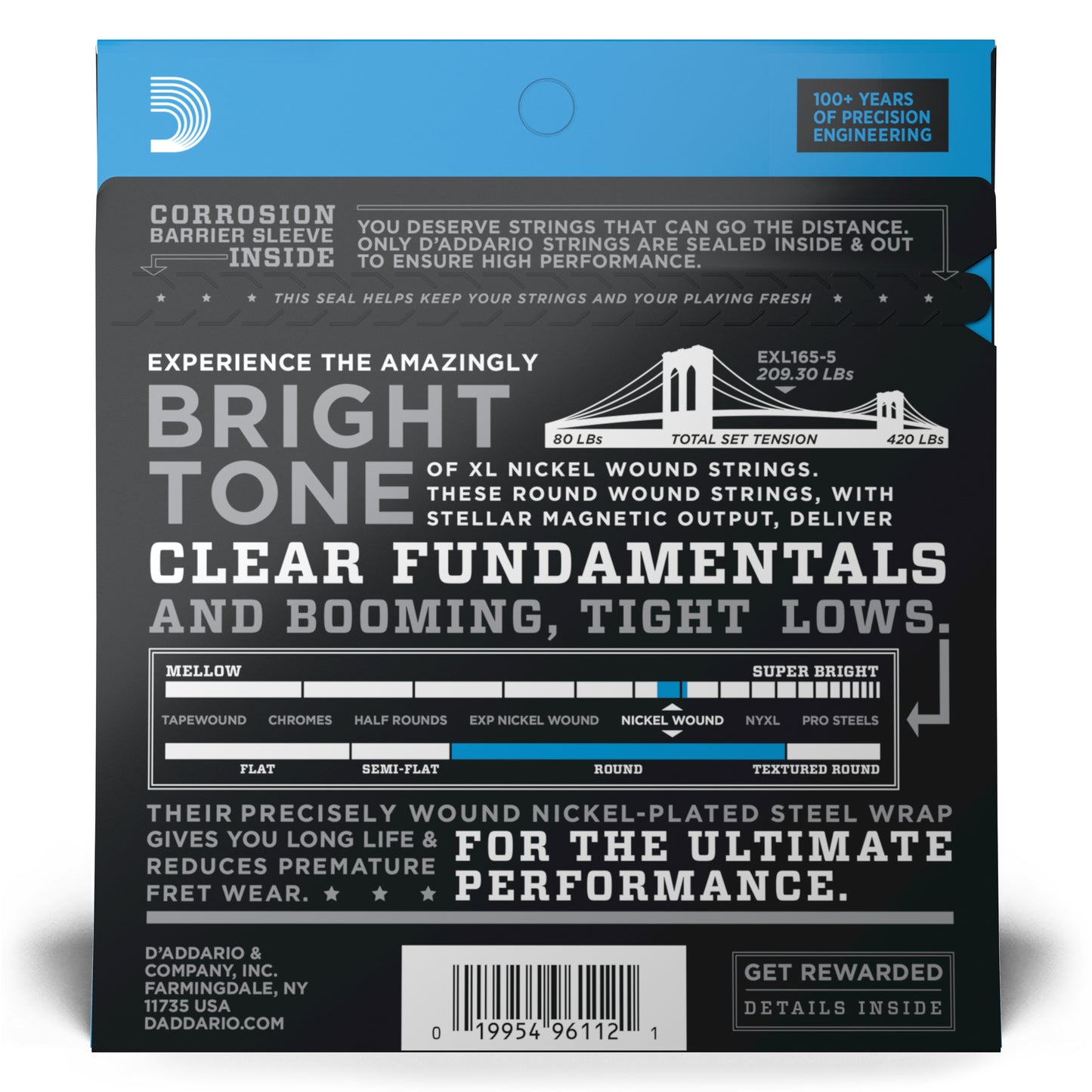 D'Addario EXL165 5-String Nickel Wound Bass Guitar Strings, Custom Light, 45-135...