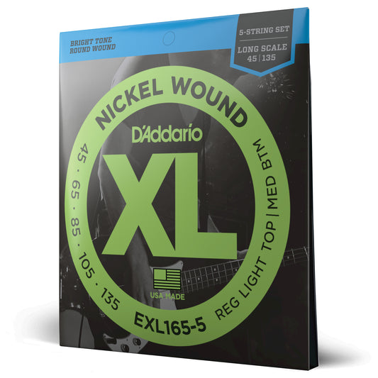 D'Addario EXL165 5-String Nickel Wound Bass Guitar Strings, Custom Light, 45-135...