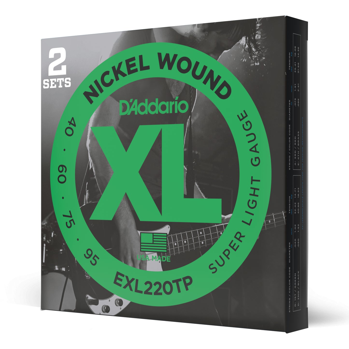 D'Addario EXL220TP Nickel Wound Bass Guitar Strings, Super Light, 40-95, 2 Sets,...