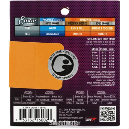Elixir 80/20 Bronze Nanoweb Coated Acoustic Guitar Strings Extra Light (10 - 47)