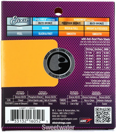 Elixir Phosphor Bronze Nanoweb Coated Acoustic Guitar Strings Light (12 - 53)