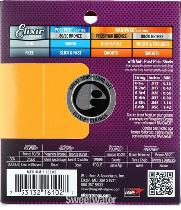 Elixir Phosphor Bronze Nanoweb Coated Acoustic Guitar Strings Medium (13 - 56)