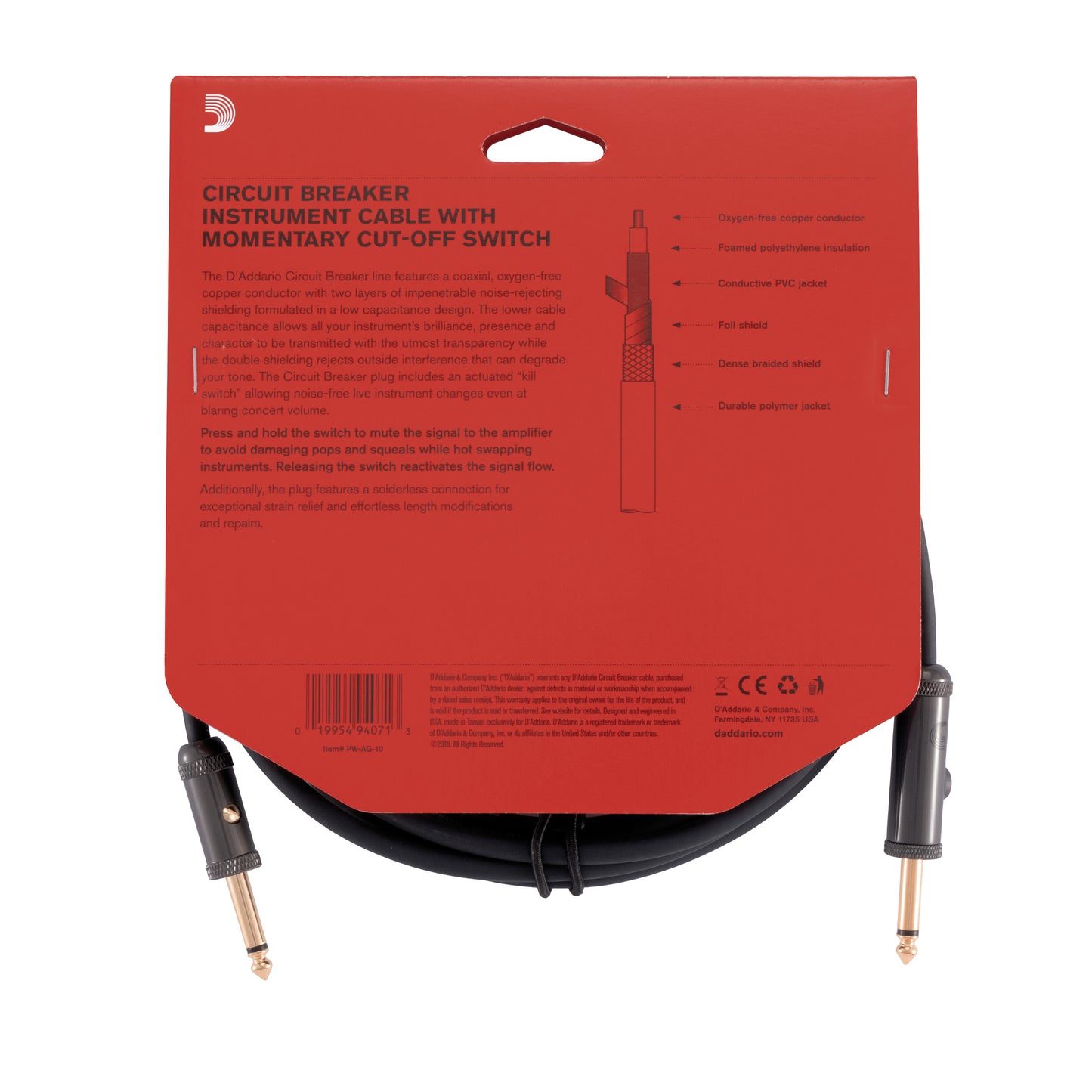 D'Addario Circuit Breaker Momentary Mute Instrument Cable, 10 Feet