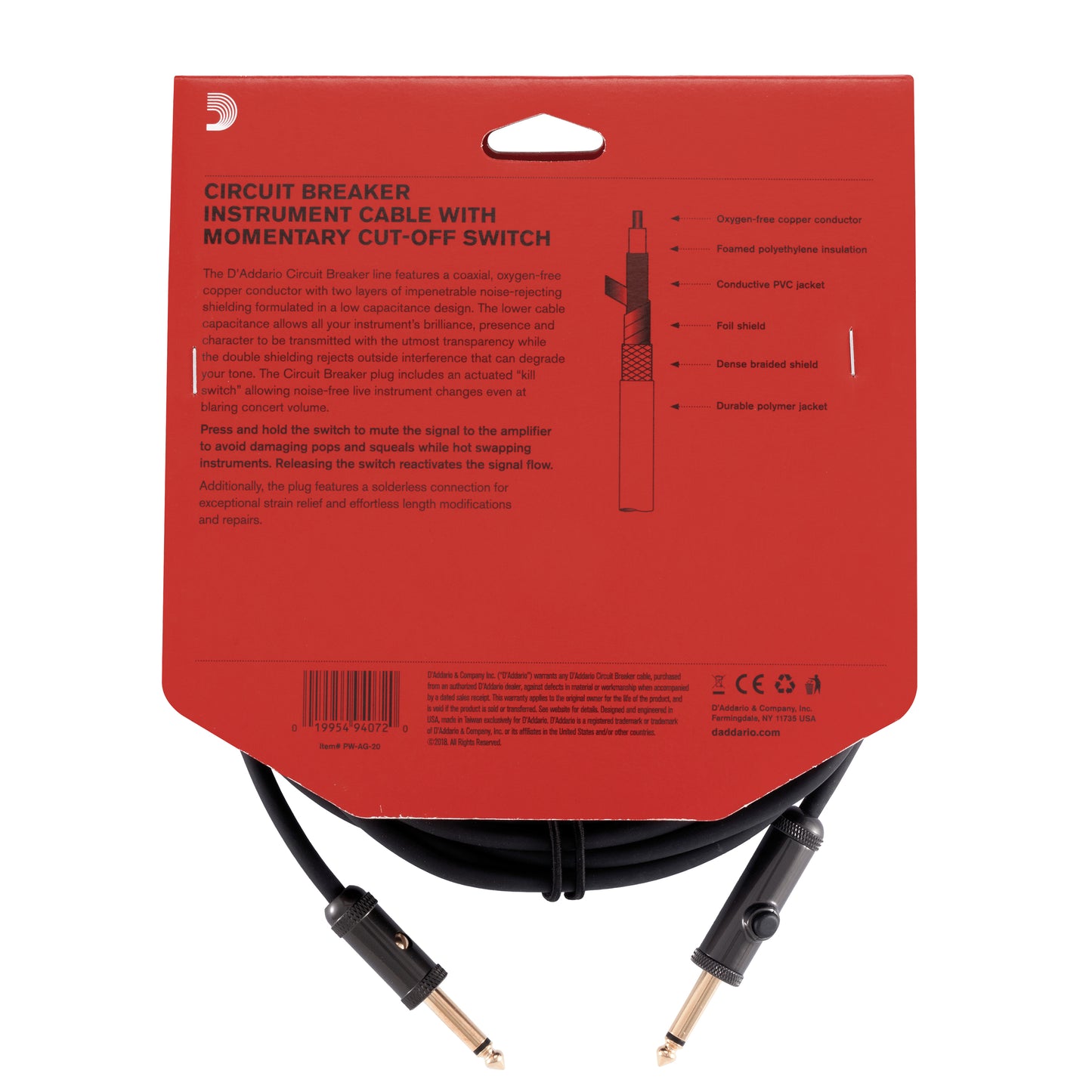 D'Addario Circuit Breaker Momentary Mute Instrument Cable, 20 feet